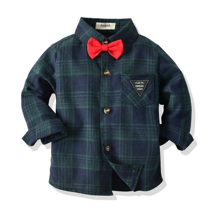 Little Boys Spring Autumn Shirt Blue Green Plaid Pattern Lapel Long Sleeve Single-breasted Top with Red Bow Tie