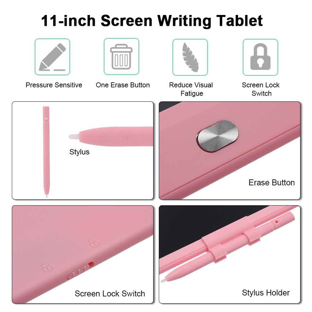Portable Writing Board 11 inch LCD Screen Electronic Drawing Handwriting Tablet w/ Erase Button Screen Lock Stylus for Kids
