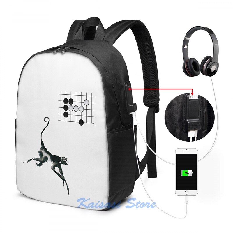 Monkey Jump - Weiqi Go Baduk Board Game USB Charge Backpack men School bags Women bag Travel laptop bag: USB Backpack 17 in