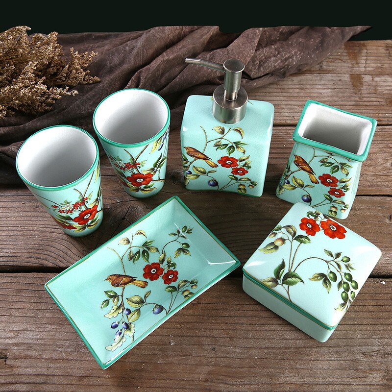 Chinese Flower and Bird Art Ceramics Soap Dispenser Jewelry Box Soap Dish Toothbrush Holder Gargle Cup Bathroom Accessories Set