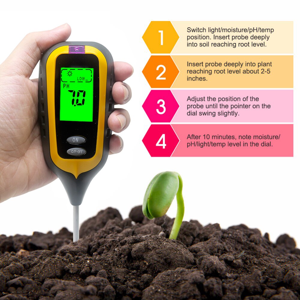 4 In 1 Digital Soil PH Meter Moisture Monitor Temperature Sunlight Tester With Backlight For Plants Garden Tool