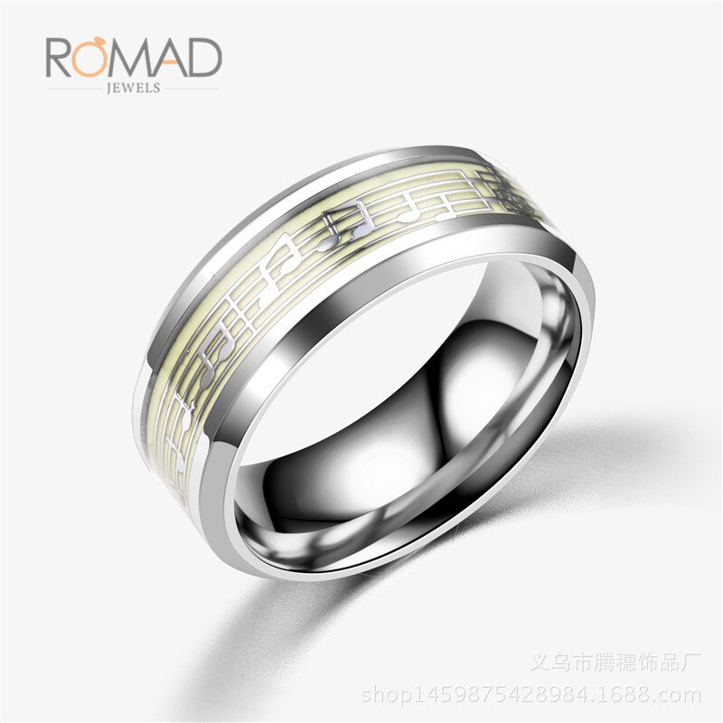 316 Titanium Rvs Ring Goud Zilver Kleur Muziek Muzieknoot Glow In The Dark Ringen Voor Mannen Vrouwen Cool sieraden Z05: 8 / silver