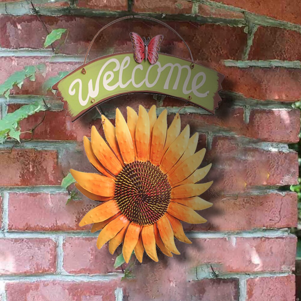 Welkomststempel Hout Met Zonnebloemen - Decoratieve Wand- En Voordeurdecoratie Bruin