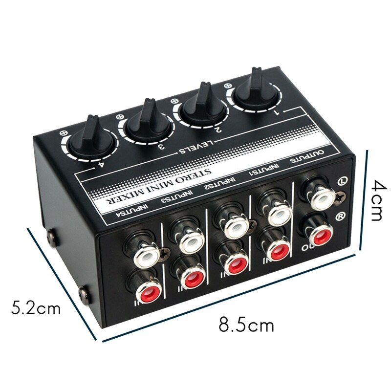 4 Channel Stereo Audio Mixer Support RCA Input and Output Mini Passive Stereo Mixer with Separate Volume Controls