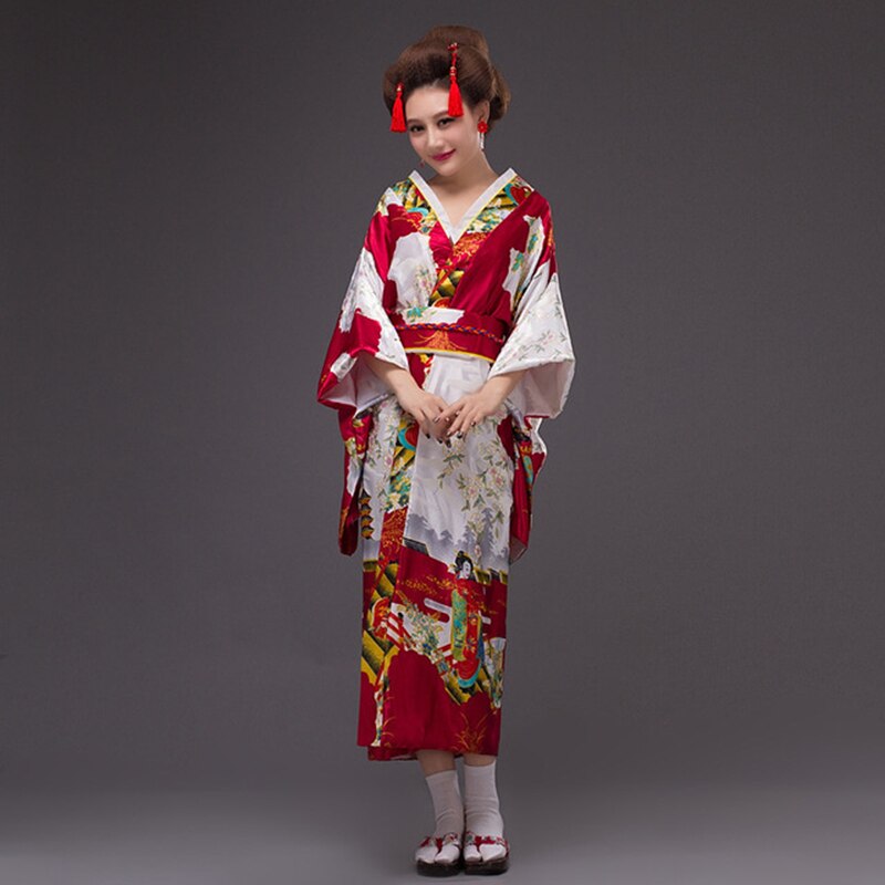 Japanese Women Original Yukata Dress Traditional Kimon Performance Dance Costumes samurai японская одежда kimono feminino: wine red