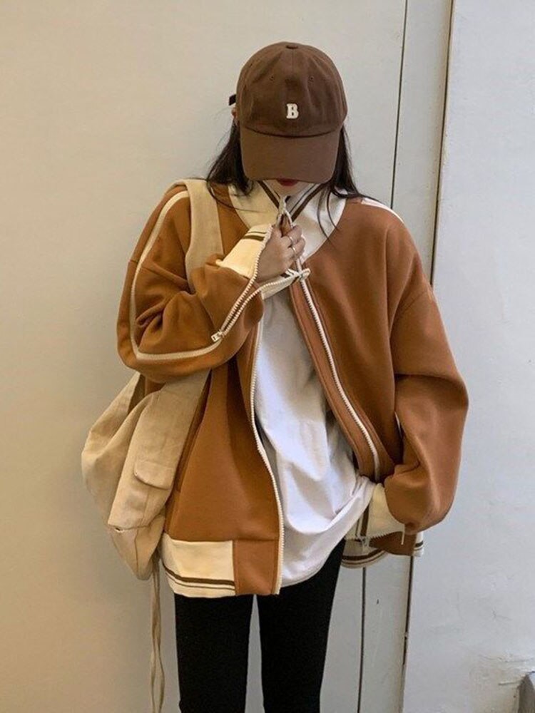 Hoip Jeeky Korean Sports Jacket Women Spring Autumn Fitness Exercise Loose Vintage Coats Windproof Breathable All-match: XXL / Khaki