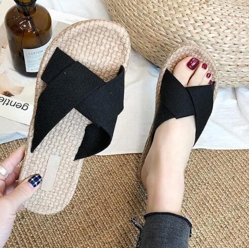 Sommartofflor dam strandtofflor skor boho havsflip flops sandaler tofflor casual halkfria glidskor: Svart / 6.5
