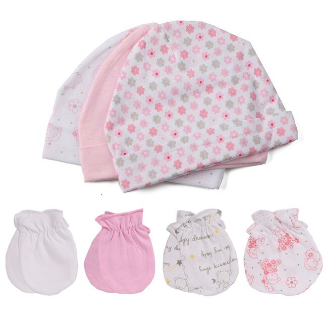 Pasgeboren babyjongen meisjes hoed + handschoenen geboortefotografie rekwisieten katoenen babymuts herfst kinderaccessoires babykleding: 3 handschoenen en 3 mutsen