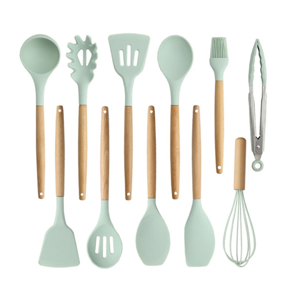 11pcs Silicone Cooking Utensils Set ,Pink Solid Wood Handle With Storage Box, Kitchenware Kit Kitchen Tools Accessories