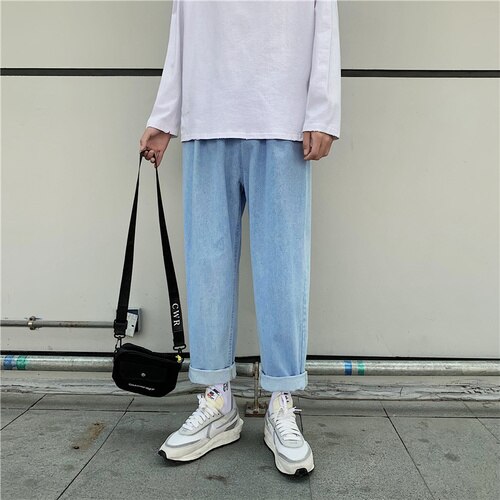 Jeans for menn pluss-størrelse 3xl løse ankellange enkle all-match jeansbukser med strikk i midjen, fritidsklær, trendy streetwear: M