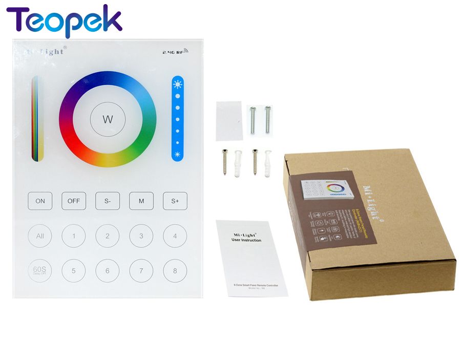 Miboxer 2.4g trådløs 8 sone rf mørkere fut 089 fjernkontroll  b8 berøringspanel veggmontert rgbww  ls2 5 i 1 ledet kontroller til rgb+cct