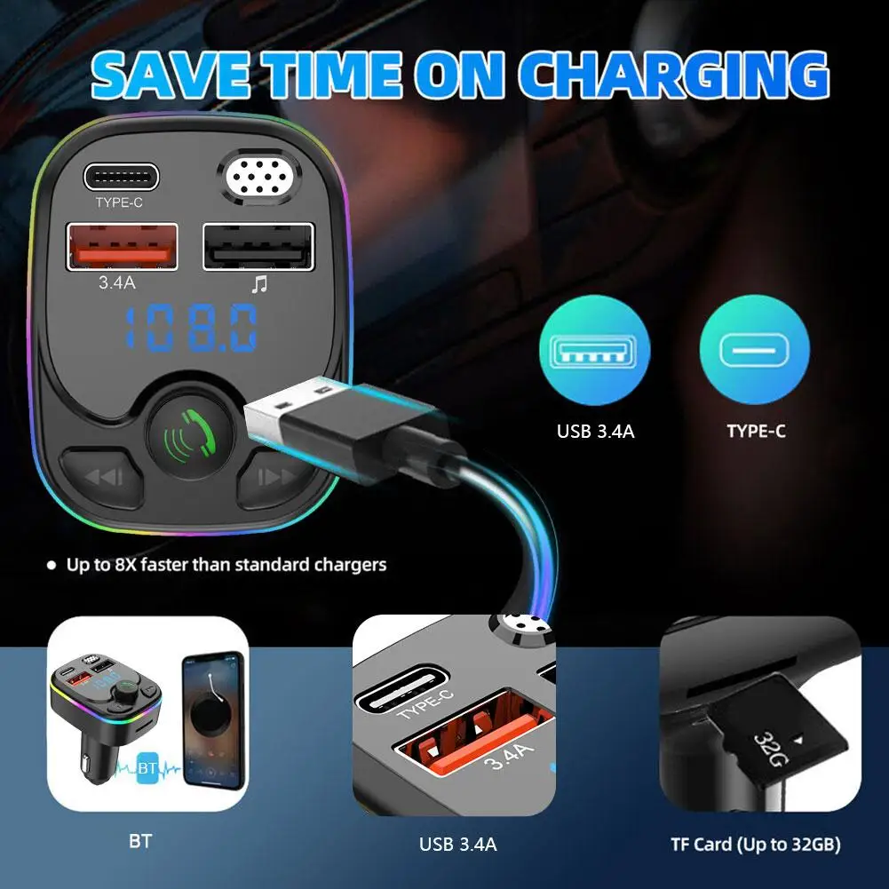 Transmisor FM manos libres Bluetooth 5,0 para coche PD tipo C Dual USB 3.4A luz ambiental colorida reproductor modulador MP3 2023