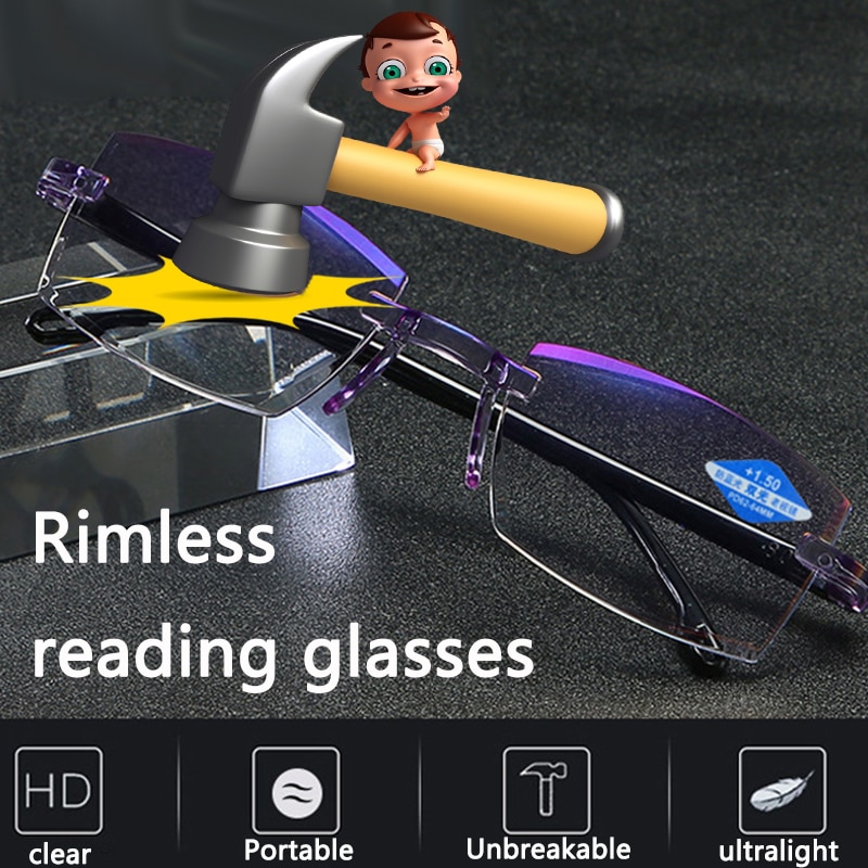 Unbreakable Anti Blue Light Bifocal Reading Glasses Unisex TR90 Flexible Rimless Ultralight UV Protection Computer Goggles +150