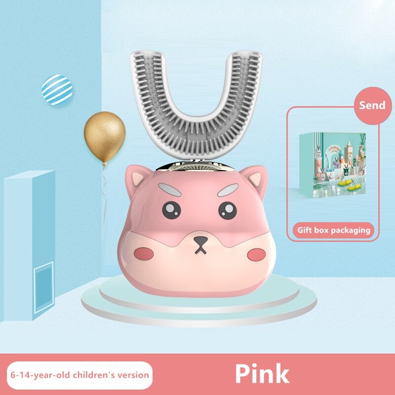 Cepillo de dientes eléctrico ultrasónico de grado alimenticio cabezal de cepillo de silicona para niños 360 grados de dibujos animados Linda mascota en forma de U cuidado de los dientes: Pink6-14