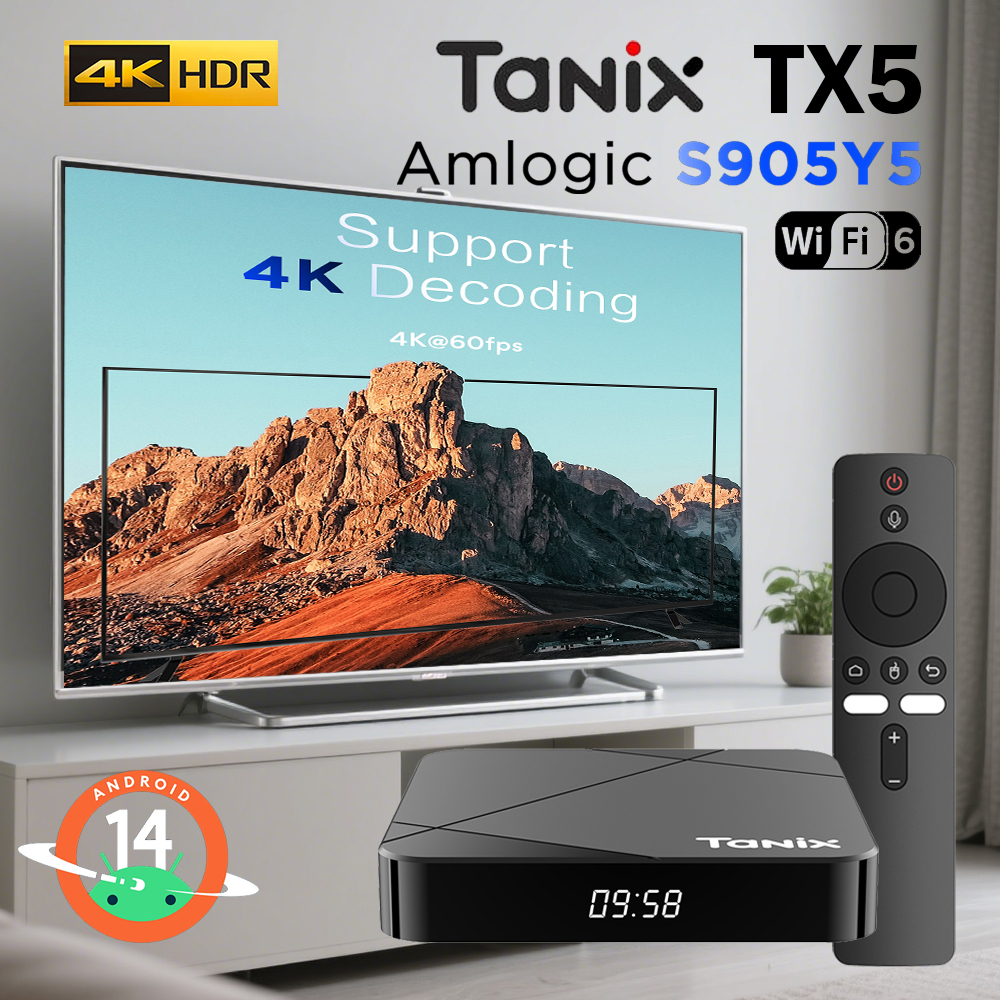 Tanix TX5 Amlogic S905Y5 Smart TV Android 14.0 TV Box BT 4K @ 60fps HDR10 + 2.4G e 5G Wifi6 4GB 32GB Set Top Box Media Player
