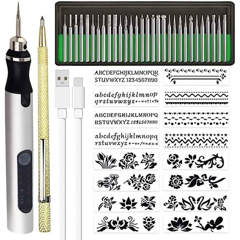 Praktisk genopladelig trådløs mini graveringspen diy graveringsværktøjssæt til metal glas keramisk plast træ smykker stencils: Sølv