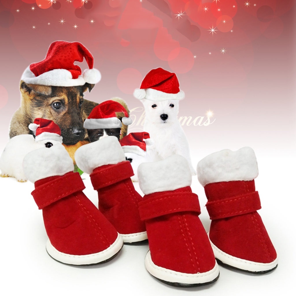 4 stk / sæt kæledyrssko kattehund julesko varm fløjl røde sko kæledyrstilbehør til lille hundesko cachorro