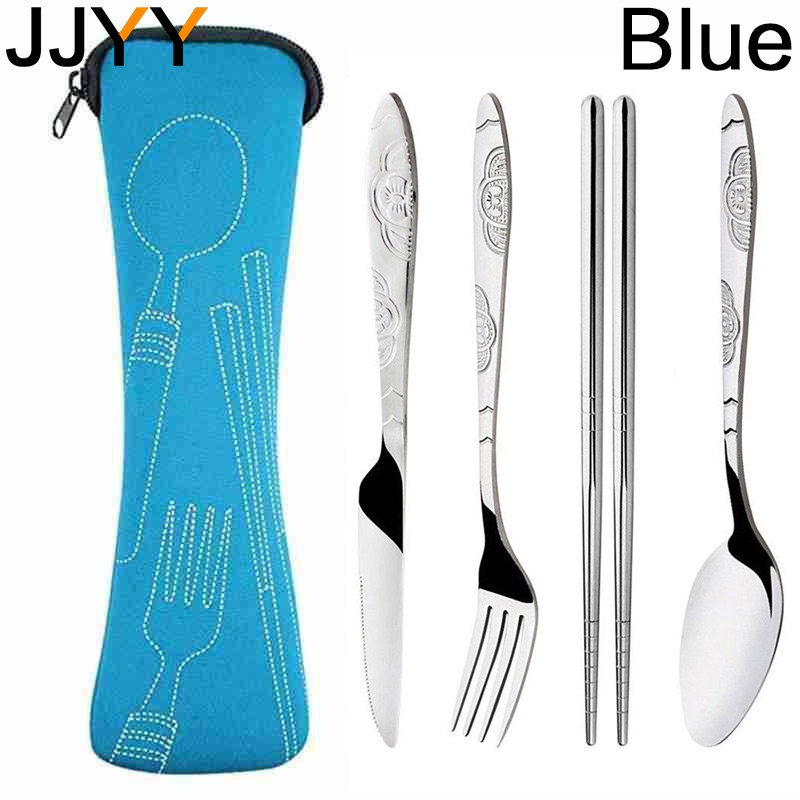JJYY-Juego de vajilla portátil, cuchillos impresos, tenedor, cuchara, acero inoxidable, familia, Camping, carne, cubiertos, vajilla con bolsa, 4 Uds./3 uds.: Rojo