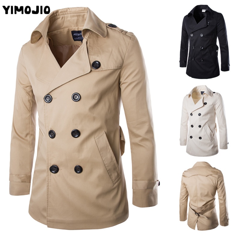 Herr trenchcoat herr mellanlång kappa smal casual coat herr solid justerbar midja manlig trench street wear stil vindrock