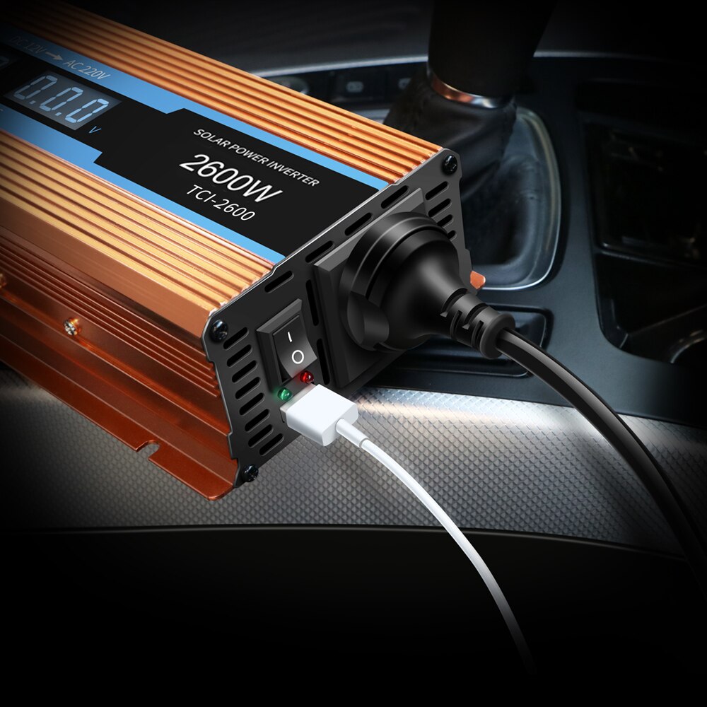 Auton invertteri 2600 w dc 12 v -  ac 220 v tehoinvertteri laturi muunnin käänteisen napaisuuden suoja ajoneuvon virtalähteen kytkin