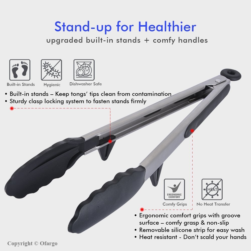 9 inch Kitchen Premium Silicone Tongs Non-slip & Easy Grip Stainless Steel Handle - Smart Locking Clip - Heat Resistant,