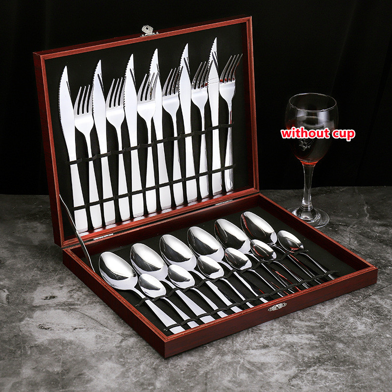 24pcs Flatware Set Stainless Steel Kitchen Cutlery Set Tableware Dinnerware Utensil Set with Wooden Case