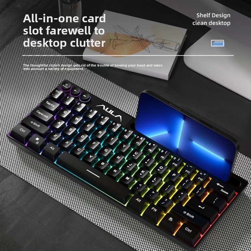AULA F3061 Wired Mini Mechanical Keyboard 61 Key Simplified Layout Multi-function Button Ergonomics RGB Office Gaming Keyboard