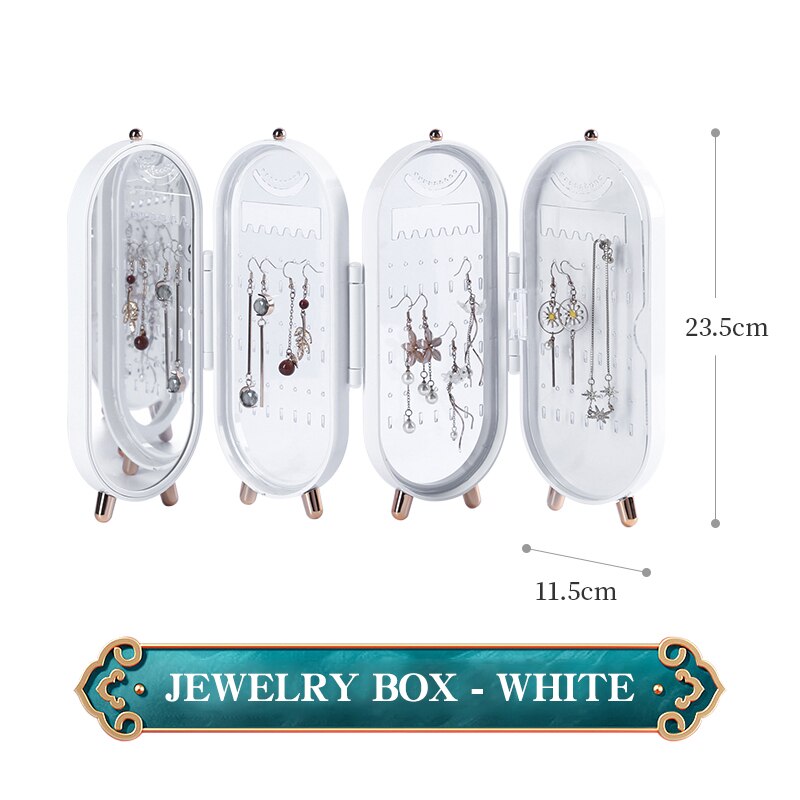 Foldable Jewelry Storage Box Household Earrings Necklace Display Stand High Capacity Luxury Retro Screen Jewelry Organizer Case: white