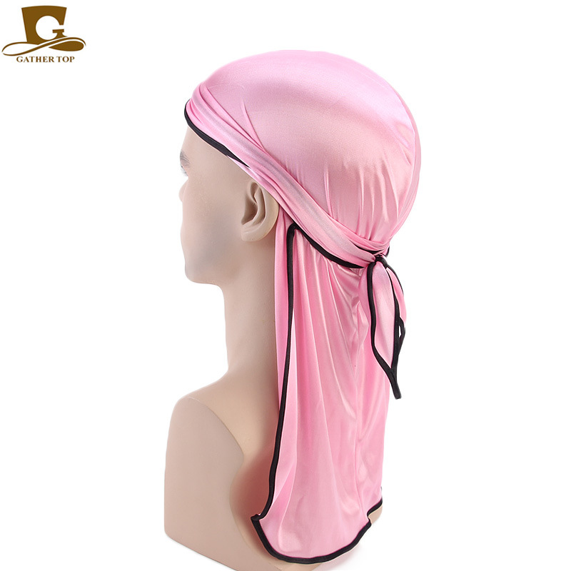 Unisex hombres mujeres satén transpirable Bandana sombrero sedoso Durag doo du trapo diadema de cola larga: Rosa