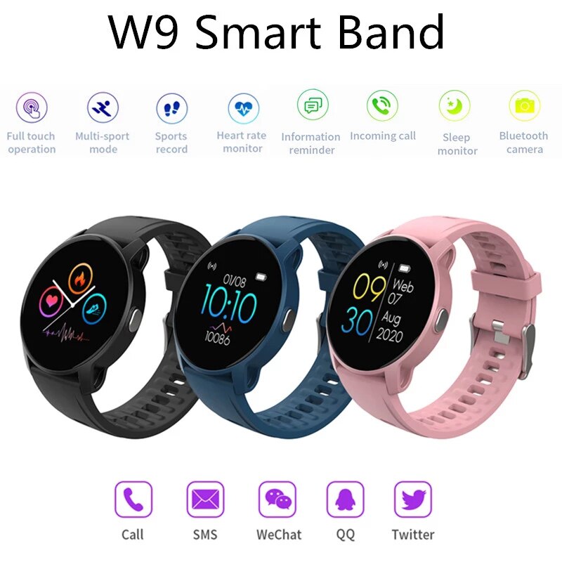W9 Smart Horloge Mannen Vrouwen Hartslagmeter Bloeddruk Fitness Tracker Smart Horloge Band Sport Horloge Voor Ios Android fitness