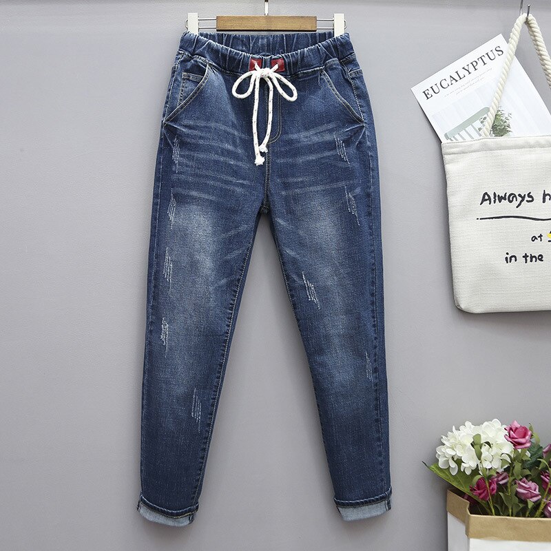 Jean maman grande taille pour femme, 100kg, ample, élastique, taille haute, Harem, Denim, automne et hiver: 1710 blue / XXXL