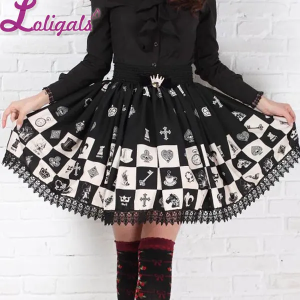 Gotisk elastisk talje skater nederdel sød ternet/ternet kawaii sort blonde korte lolita nederdele: Xl