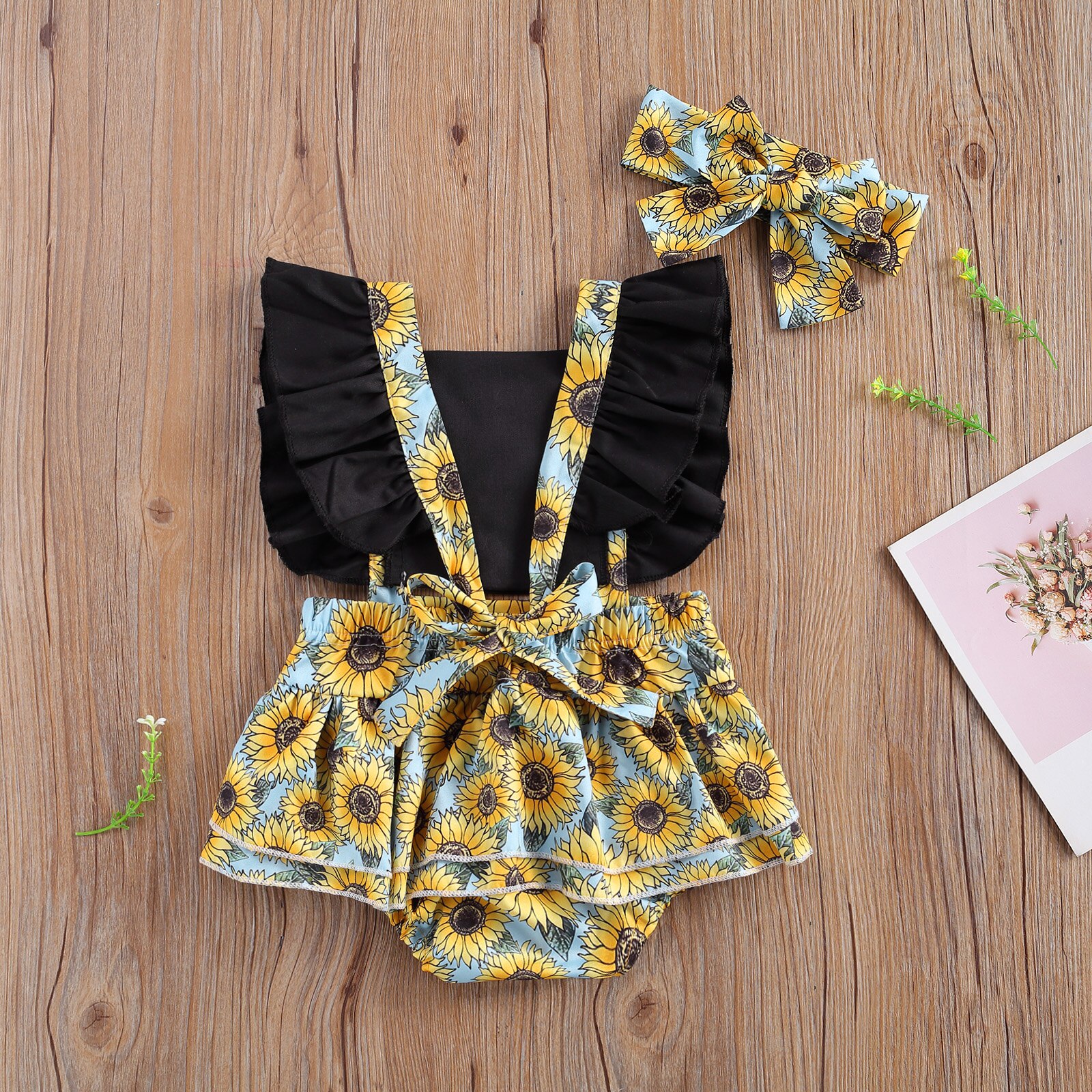Focusnm 0-24m bebê recém-nascido meninas meninos bodysuits sunflowers impressão babados manga curta sem costas macacões bandana