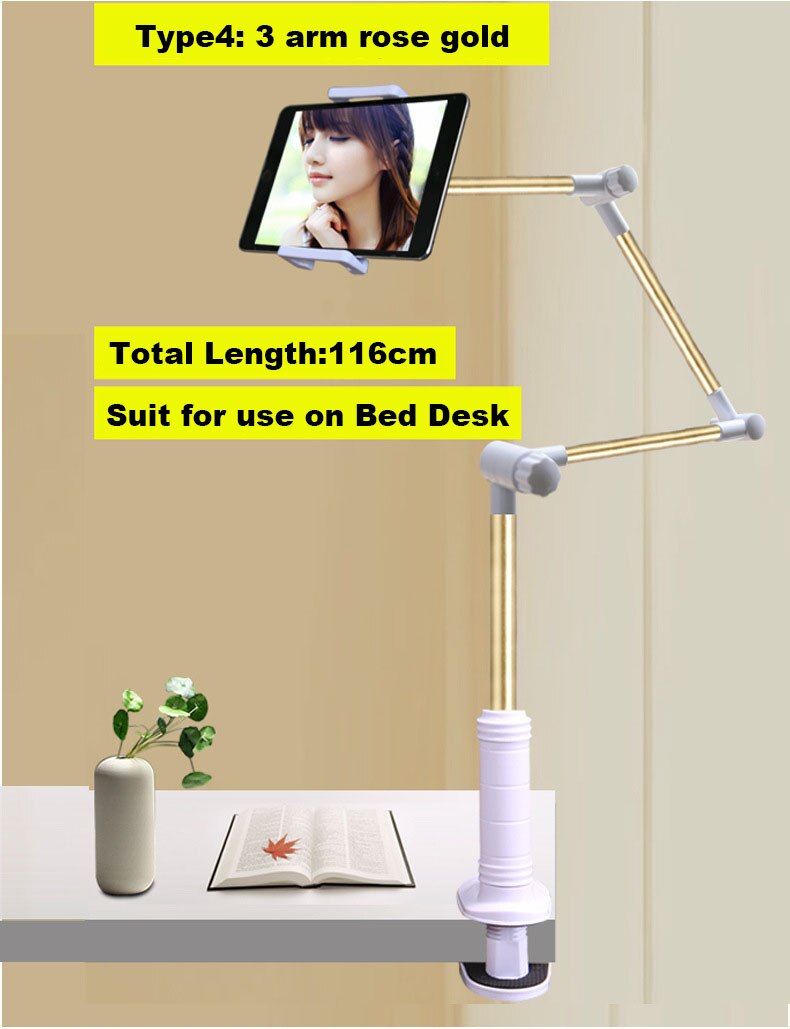 AIBOULLY Tablet Holder Folding Adjustable Long Arm Lazy People Bed Table Desktop Tablet Stand Bracket For 4-14 Inch Tablet PC: type 4 rose gold