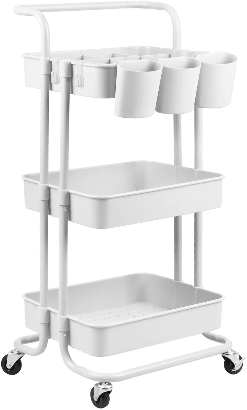 3-Tier Rolling Cart, Storage Trolley on Wheels, ABS Storage Organiser Mesh Basket Shelf for Bathroom, Kitchen, Office, Library