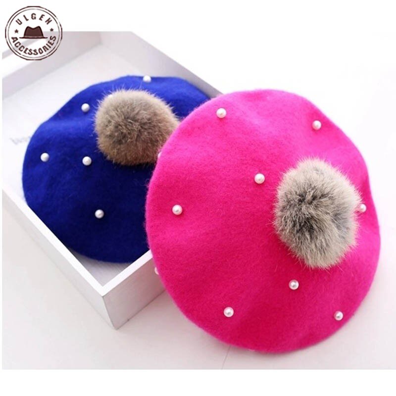 Børn perle kanin pels baret hat til baby piger hue hatte med pompon multicolor
