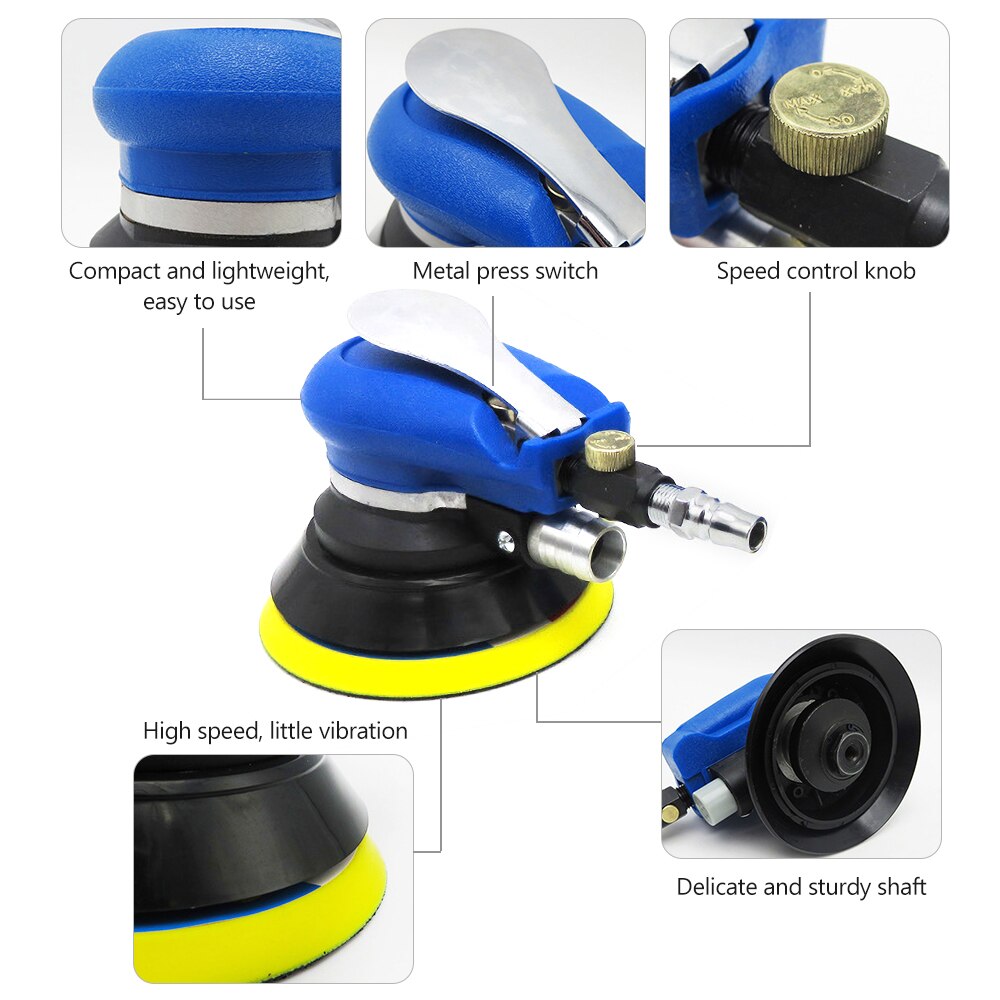 KKmoon Vacuum Air Sander Pneumatic Sander Self-Vacuum Palm Orbital Sander Grinder Polisher Sanding Machine Tool 6'' 5" 10000rpm