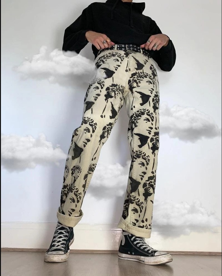 Men Clothing Loose White Washed Men Jeans Straight Tie-dye Denim Trousers Black Portrait Print Hip Hop Men's Trousers