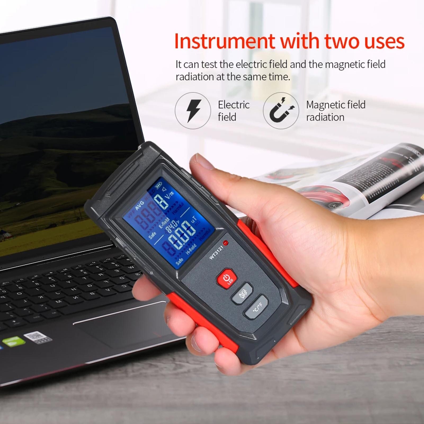 3-in-1 Electromagnetic Radiation Detector EMF Meter Handheld Household Anti-radiation Tester With Temp Sound Light Alarm WT31213