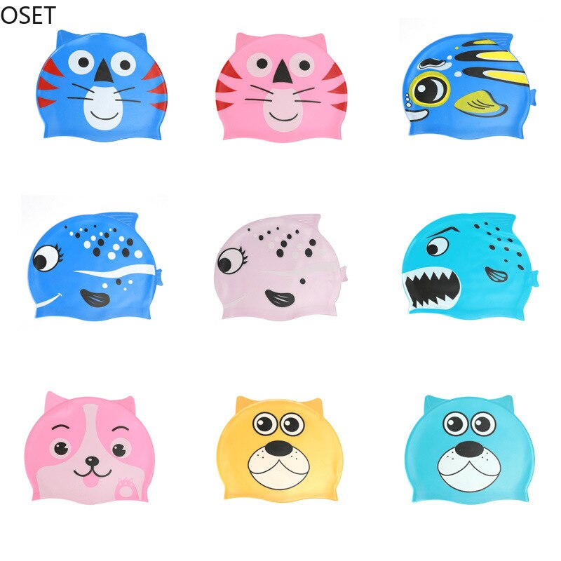 Neue Kinder Kinder Wasserdichte Schwimmen Kappe Cartoon Tier Schwimmen Pool Strand Silikon Kappen Hut Schützen Ohren Lange Haar Für Jungen mädchen
