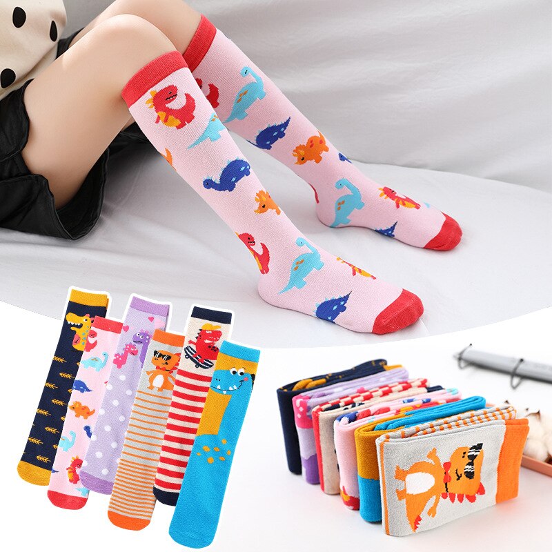 Chaussettes montantes en coton pour filles, chaussettes longues et douces, tricotées avec des motifs de dessin animé, pour enfants de 3 à 12 ans, printemps et automne