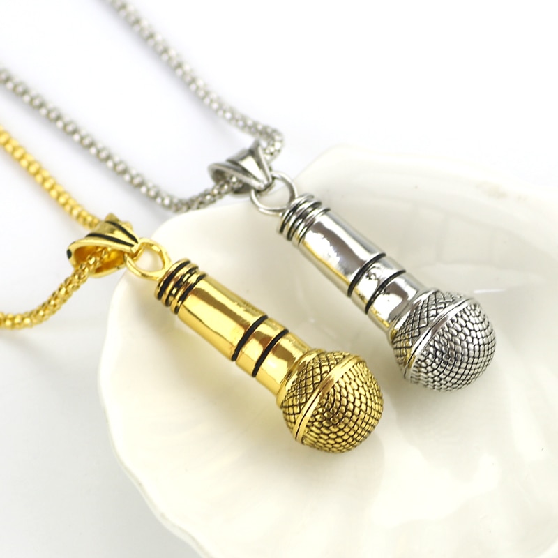 Big Microphone Pendant Necklace Sliver Gold Link Chain Necklaces Hip Hop Alloy Jewelry for Women and Men