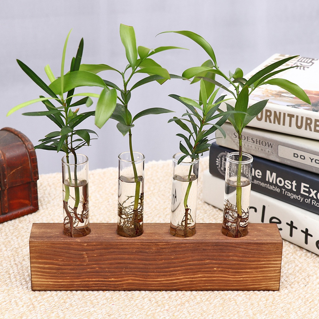 Hydrocultuur Vaas Plant Glazen buis Creatieve Hydrocultuur Plant Transparante Vaas Houten Frame Koffie Shop Room Decor Desk Decoratie
