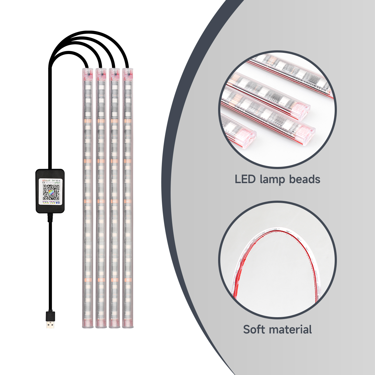 Luz LED Interior 4 en 1 de 5V-12V RGB, lámpara LED para coche, luz para pie, decoraciones para coche, control por aplicación, luz de ambiente de ritmo dinámico