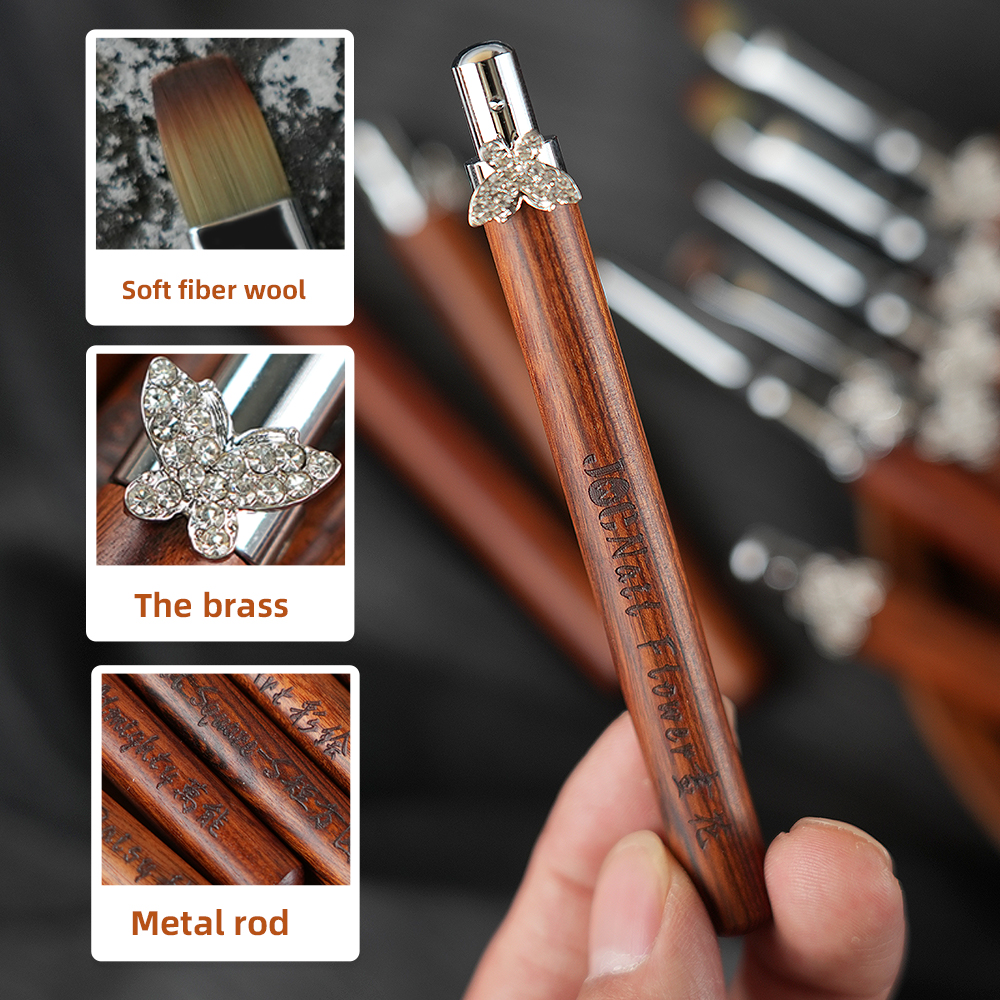 Nagelkonstborsteset avtagbar stång zirkonfjäril sandelullshandtag kantkrok uv-gelnagelborste nagelkonstverktyg