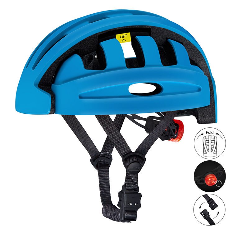 Casco de ciclismo plegable portátil para hombre, para bicicleta de montaña, para Ciudad y carretera, ligero con luz trasera: blue