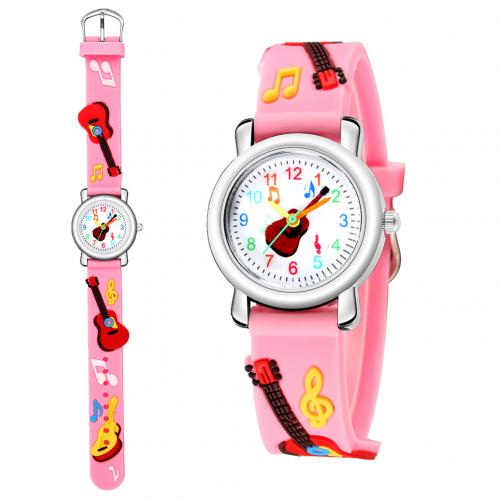 Mode 3D Opluchting Cartoon Gitaar Patroon Leuke Sport Student Kinderen Polshorloge: Roze