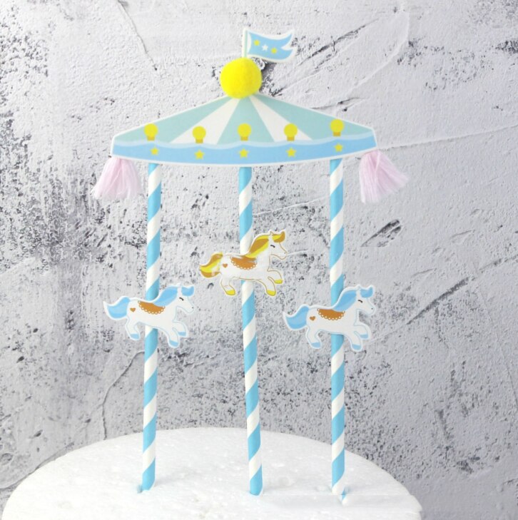 1pc Cute Pink Blue Carousel Birthday Cupcake Toppers Cake Topper Hourse Cake Decoration Baby Shower Party Supplies for Kids