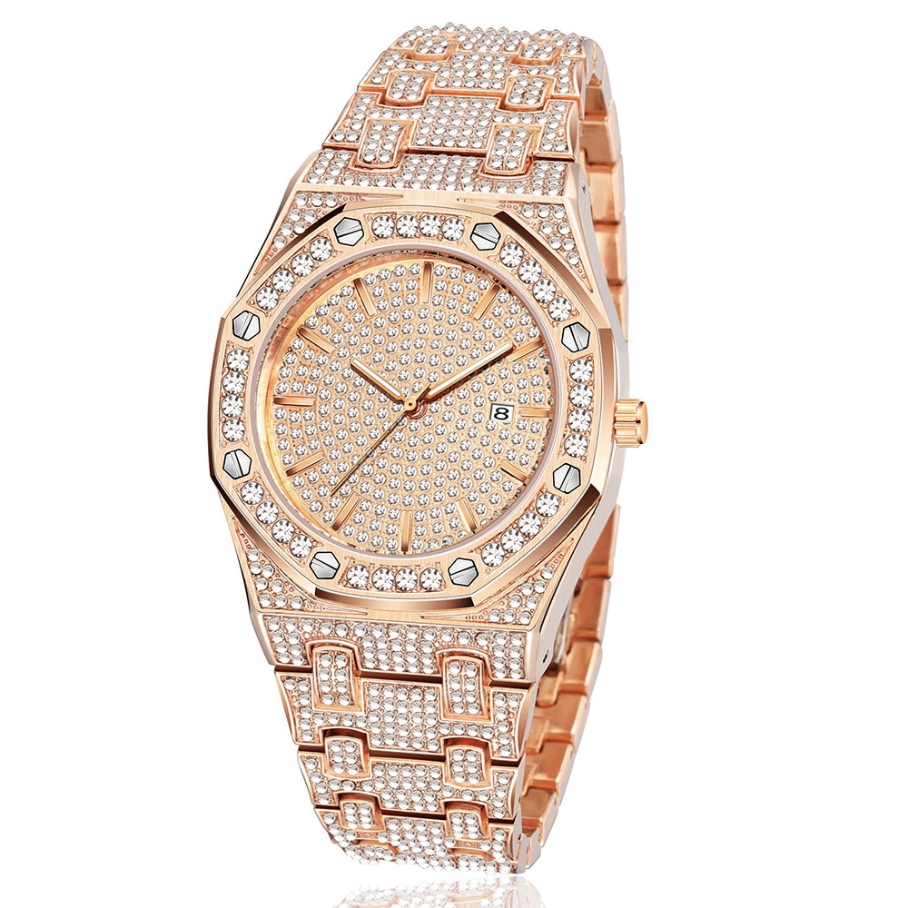 Reloj de pulsera con diamantes de acero dorado para hombre, cronógrafo masculino de de lujo, estilo Hip Hop,