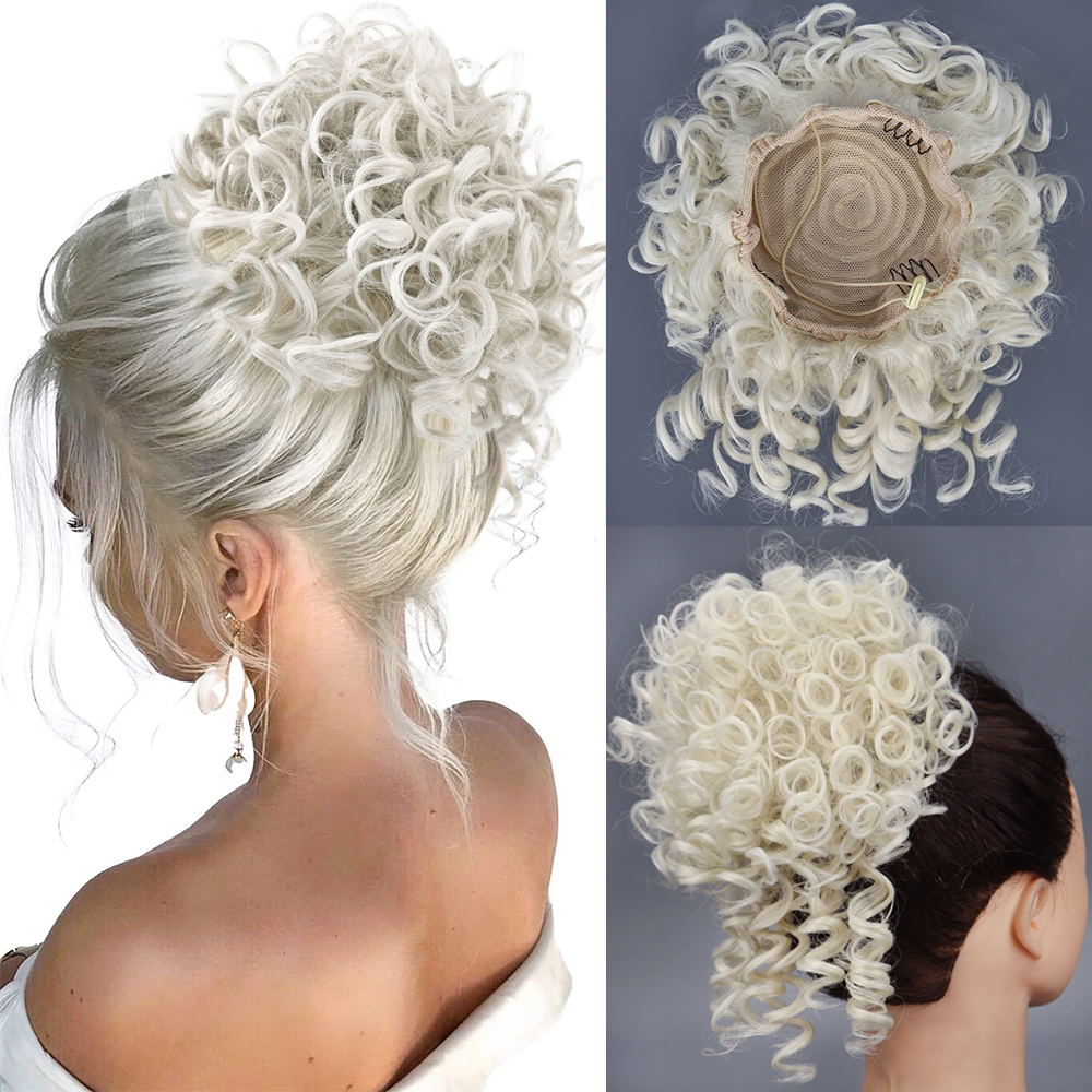 Coque de cabelo bagunçado, peça de cabelo com cordão elástico, onda solta, grande coque encaracolado, 60 gramas, extensão de rabo de cavalo sintético curto para mulheres: P4/24